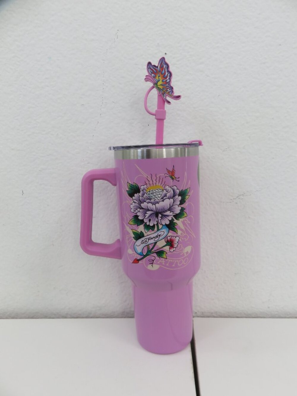 ed hardy 40oz plum rhinestone floral tumbler